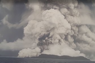 Tonga Hunga Ha’apai volcano spewing ash, gas and steam into the atmosphere.