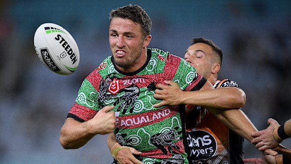 Loose carry: Sam Burgess coughs up the ball at ANZ Stadium.