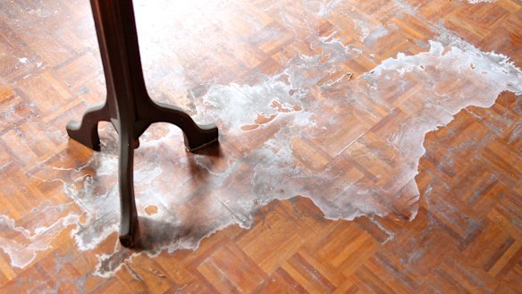 Milky stains on the ballroom's parquetry floor in 2013. Internal refurbishment would still be required if the ballroom were to re-open.