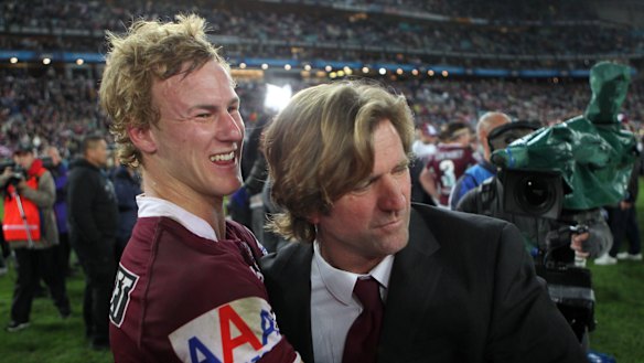 Old firm reunited: Daly Cherry-Evans and Hasler after Manly's 2011 grand final defeat of the Warriors.