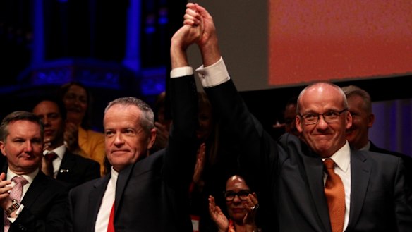 Federal Labor leader Bill Shorten with state leader Luke Foley at the conference on Sunday. 