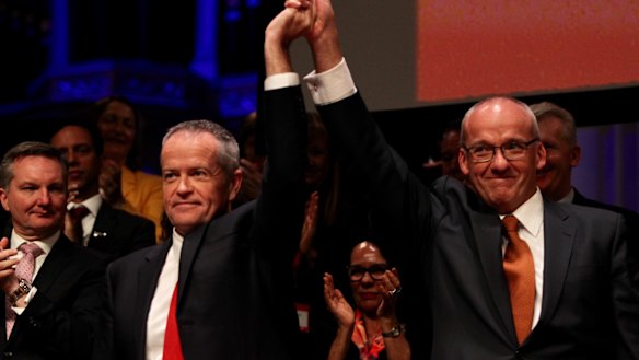 Federal Labor leader Bill Shorten with state leader Luke Foley at the conference on Sunday. 