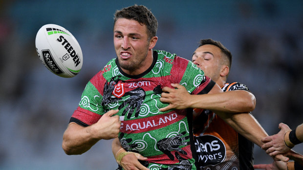 Loose carry: Sam Burgess coughs up the ball at ANZ Stadium.