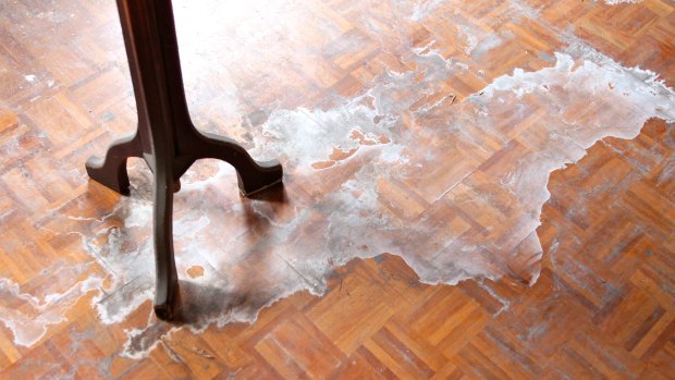 Milky stains on the ballroom's parquetry floor in 2013. Internal refurbishment would still be required if the ballroom were to re-open.