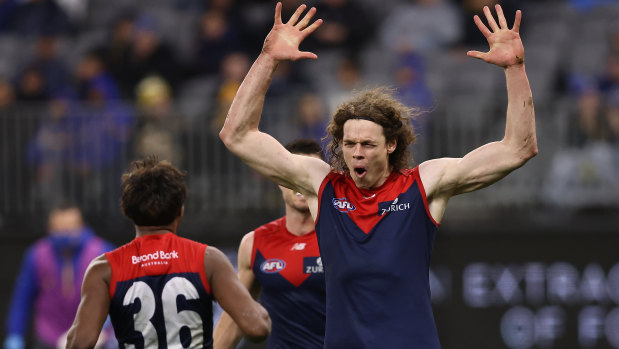Melbourne’s Ben Brown celebrates a goal against the West Coast in Perth.