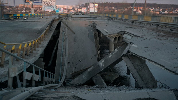 A destroyed bridge near the town of Bucha near Kyiv.