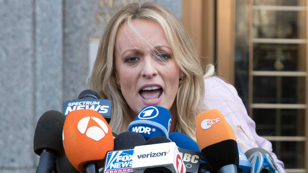 In full flight: Stormy Daniels outside federal court in New York last month. 