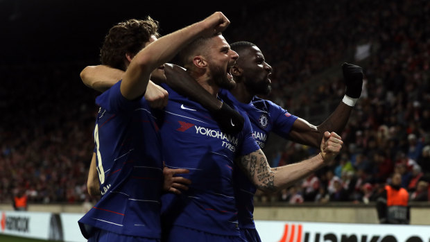 Chelsea's Marcos Alonso (right) celebrates his goal with teammates.