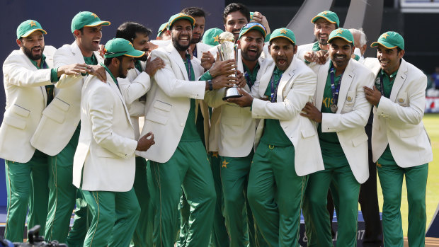 Pakistan players celebrate after crushing India in the ICC Champions Trophy final.