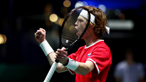 Andrey Rublev of Russia celebrates winning his semi-final singles match against Pospisil.