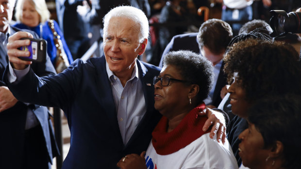 Joe Biden with a voter in the South Carolina Democratic primary. 