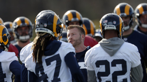 Leader of the pack: Sean McVay talks to his players during practice for the Super Bowl.