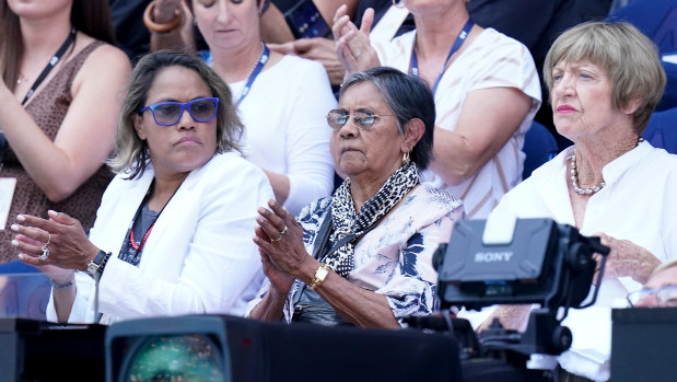 Cathy Freeman, her mother Cecelia and Margaret Court watch on during the women's singles semi-final match between Ash Barty and Sofia Kenin.