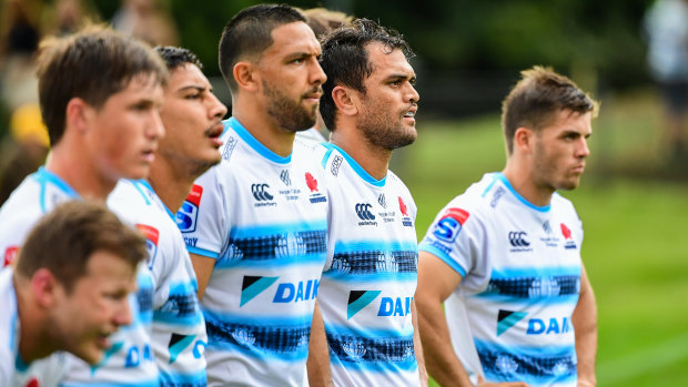 Karmichael Hunt, second from right, lines up alongside Curtis Rona and Lalakai Foketi in Goulburn last week. 