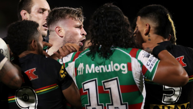 Souths enforcer Jai Arrow engages in a verbal exchange with the Panthers.