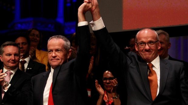 Federal Labor leader Bill Shorten with state leader Luke Foley at the conference on Sunday. 