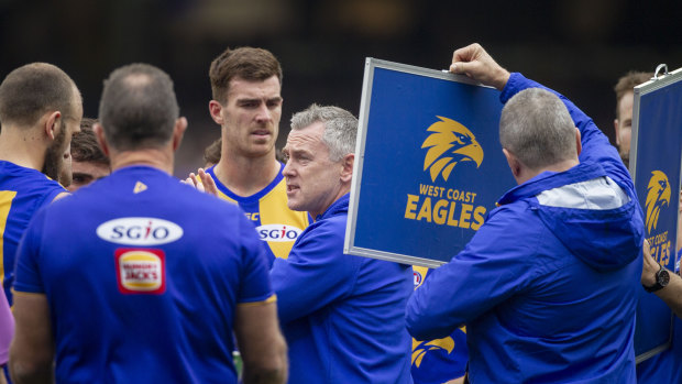 Where Eagles dare: Coach Adam Simpson (centre) is eyeing off top spot on the premiership ladder.