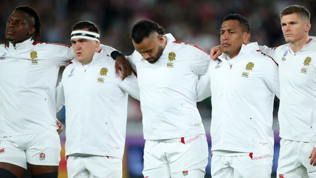 Maro Itoje, Jamie George, Billy Vunipola, Mako Vunipola and Owen Farrell line up for England at the World Cup. All except George have been implicated in the salary cap breaches.