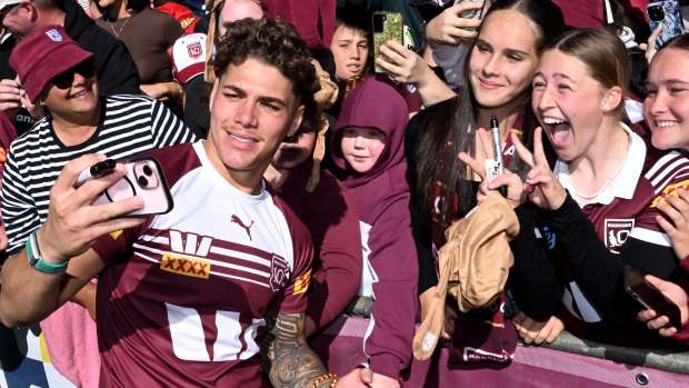 Reece Walsh with fans at a Queensland Maroons media day at the Toowoomba Sports Ground last Tuesday.