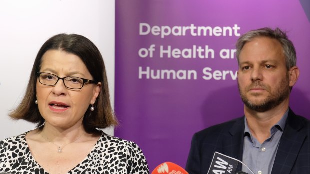 Victorian Health Minister Jenny Mikakos  and Brett Sutton give an update on the coronavirus during a press conference in Melbourne.