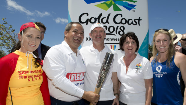 Then-premier Campbell Newman with Gold Coast mayor Tom Tate and then-Games Minister Jann Stuckey during the 2013 Queen's Baton relay.