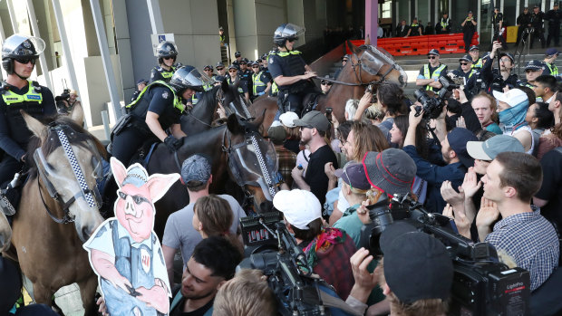 Police clash with protesters outside the IMARC conference in Melbourne earlier this month.