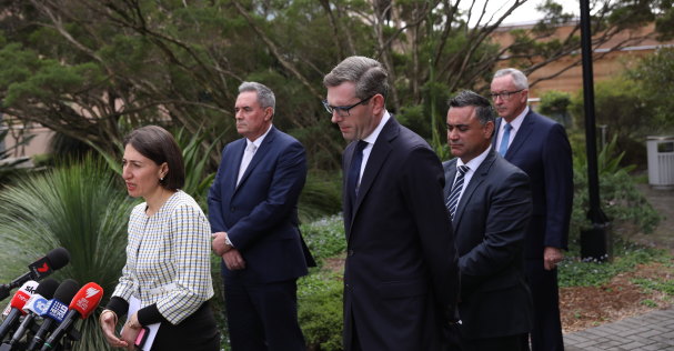 Premier Gladys Berejiklian, Deputy Premier John Barilaro, Treasurer Dominic Perrottet, Health Minister Brad Hazzard and Business Chamber CEO Steve Cartwright provide an update on COVID-19 at Parliament House on Tuesday. 