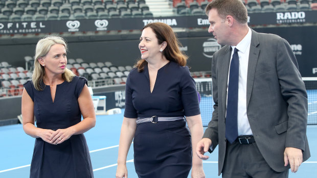 Minister for Tourism Kate Jones, Queensland Premier Annastacia Palaszczuk and Tennis Queensland CEO Mark Handley announce changes to Queensland tennis at Pat Rafter Arena in Brisbane.
