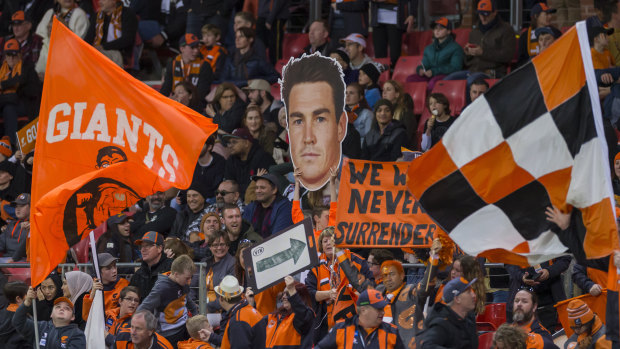 Giant target: GWS fans show their support for 2019 Coleman Medal-winning forward Jeremy Cameron.