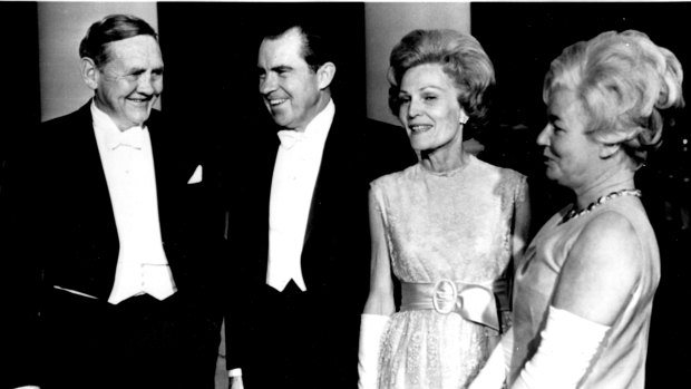 President and Mrs. Nixon welcomes the Australian Prime Minister, John Gorton, and his wife to the White House tonight. The Nixons hosted the state dinner in honor of Gorton's visit to the United States. May 6, 1969. 