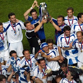 Otto Rehhagel and Greece celebrate their win.