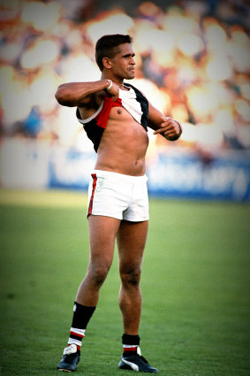 Winmar, a Noongar man, famously lifted his St Kilda guernsey and pointed at his skin in a 1993 match against Collingwood.