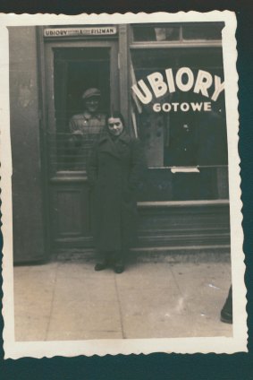 Sarah's parents, Aron and Estera Fiszman, at their clothing store in Lublin, Poland, circa 1938.