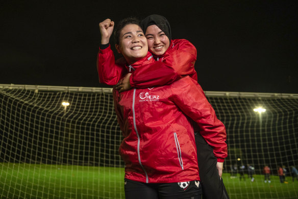 Melbourne Victory Football Club Afghan Women’s Team players Fatima Yousufi (left) and Adiba Ganji. 