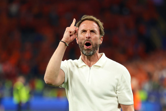 Gareth Southgate celebrates after England’s victory in the semi-final against the Netherlands.