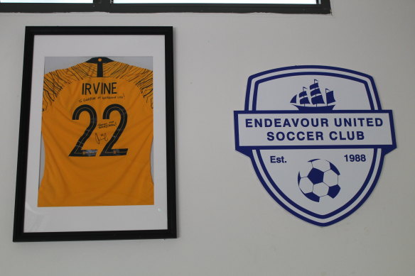 Jackson Irvine’s Socceroos jersey is proudly displayed at the Endeavour United soccer club.