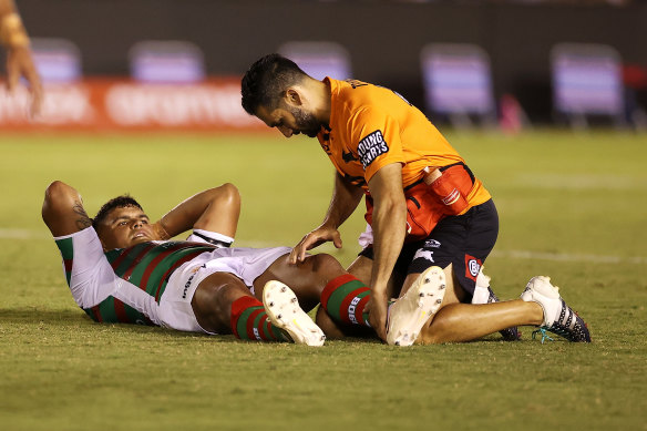 Latrell Mitchell needed treatment during the game against Cronulla.