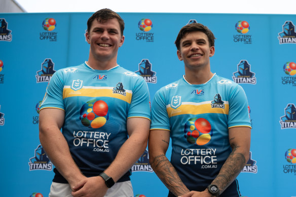 Beau Fermor and Jayden Campbell in the Gold Coast Titans’ 2024 jersey