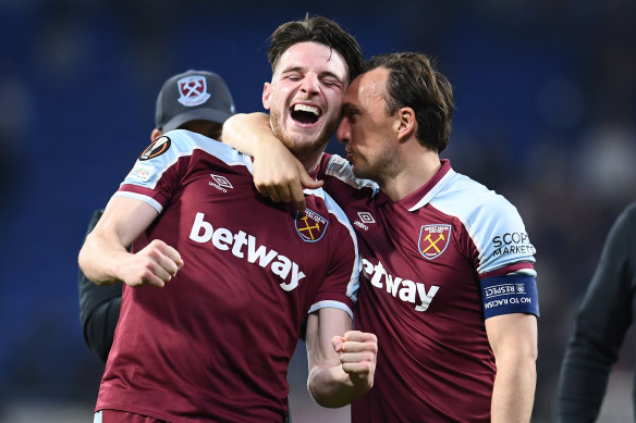West Ham’s Declan Rice and Mark Noble.
