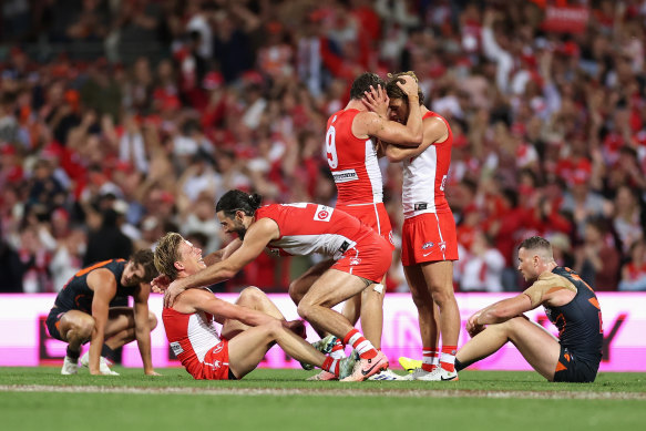 Isaac Heeney and Brodie Grundy celebrate after beating the Giants