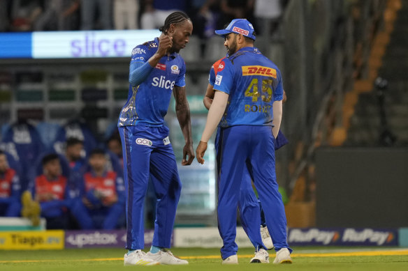 Jofra Archer celebrates a wicket in the IPL before being sent home with an ongoing elbow injury.