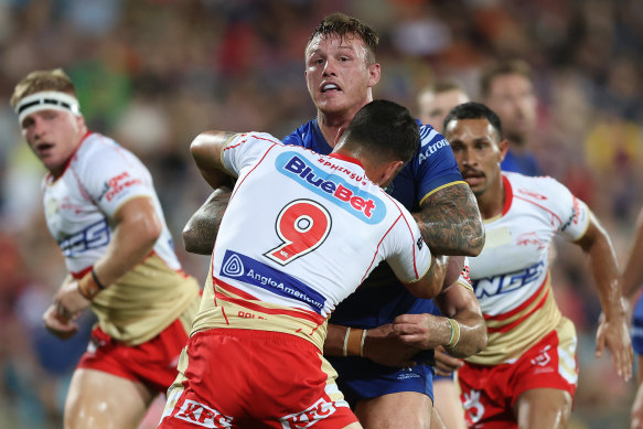 Eels forward J’maine Hopgood makes a charge against the Dolphins.