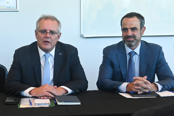 Prime Minister Scott Morrison at a roundtable discussion on vaccines with GPs and AMA president Dr Omar Khorshid in Perth.