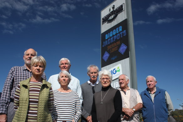 Local residents have banded together to fight against noise at the Sandstone Point Hotel. Back row (L-R): Ken Simper, Major General David Ferguson, Peter Dallimore, Kev Cranston and Ken Park. Front row: Trixie Jones, Sara Ferguson and Diane Oxenford