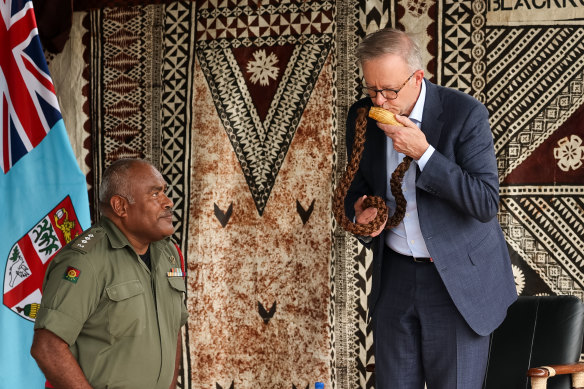 Prime Minister Anthony Albanese downed a cup of kava during a traditional sevusevu ceremony.