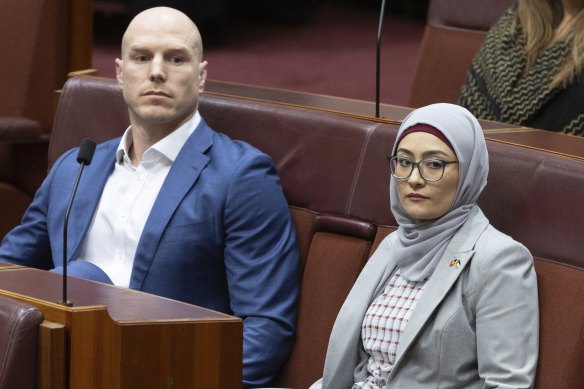 Fatima Payman, pictured with independent David Pocock, during the vote on the Greens motion to recognise Palestinian statehood last week.