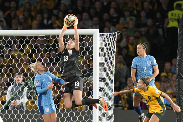Mackenzie Arnold makes a save for Australia during the Women’s World Cup semi-final between Australia and England.