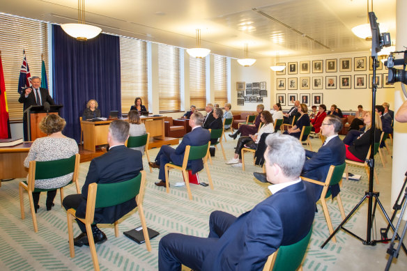 Anthony Albanese addresses the Labor party room in Canberra in August.