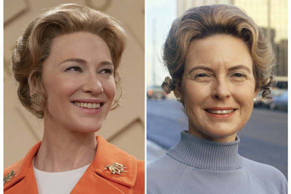 Cate Blanchett as Phyllis Schlafly, left, and Phyllis Schlafly, chairwoman of the Republican Women's Organisation in St Louis in 1973.