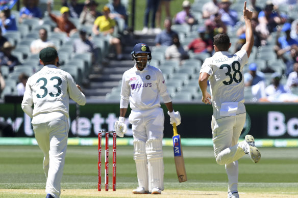 Josh Hazlewood celebrates a wicket during last week's first Test.